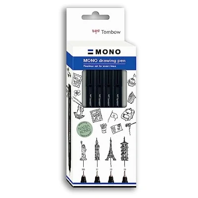 Imagen de Tombow Set de 4 rotuladores punta fina MONO Drawing Pen con puntas diferente ancho Fineliner para contornos, ilustraciones, esbozos Color Negro