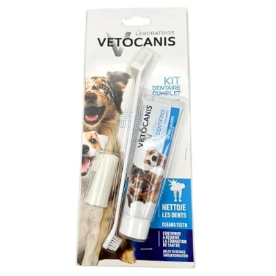 Imagen de Vetocanis Kit de cuidado dental Bio00068 para perros con cepillo dientes, pasta dientes y masaje, galletas saborizadas