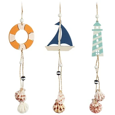 Imagen de com four® 3X Decoración Colgante Marítimo para Colgar Barco, Faro y aro Salvavidas con Conchas de Madera (3 Piezas 35cm)