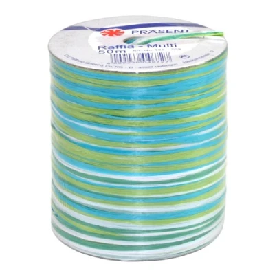 Imagen de C.E. PATTBERG PRÄSENT cinta regalo de rafia multicolor verde azul blanco, 50 m decorativa para envolver regalos, decoración y manualidades versátiles creativas
