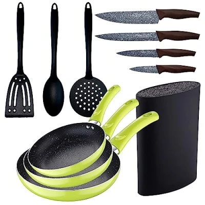 Imagen de Set 3pc sarten (20+24+28cm) aluminio prensado verde con 3pcs utensilios de cocina 4pc cuchillos acero inoxidable Tacoma / bloque c