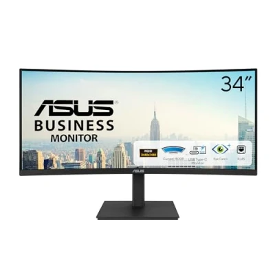 Imagen de ASUS VA34VCPSR Monitor Docking de 34&quot;, WQHD (3440x1440), Curvatura 1500R, Sin Marco, USB C PD 96W, RJ45, Hub, Luz Azul Baja, Antiparpadeo, Diseño ergonómico, Montable en Pared, Sostenibilidad
