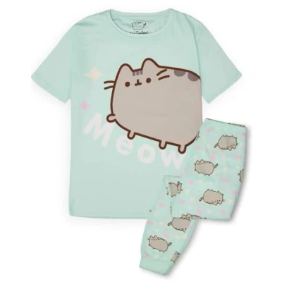 Imagen de Pusheen Conjunto de Pijamas para niñas Camiseta Manga Corta Verde Mujer Joven y Pantalones Pierna Larga con Estampado Integral Pijama Completo Cat Meow Internet