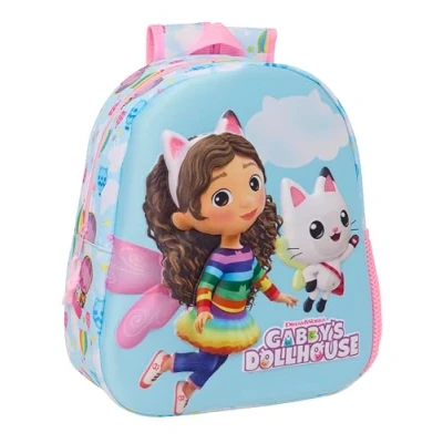 Imagen de Safta GABBY&#039;S DOLLHOUSE Mochila Escolar, con Diseño 3D, Adaptable a Carro, Ideal para Niños de Diferentes Edades, Cómoda y Versátil, Calidad Resistencia, 27x10x33 cm, Color Celeste/Rosa