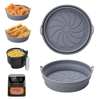 Imagen de Alyvisun 2 Piezas Accesorios Aceite Molde Silicona Freidora de Aire Reutilizable Recipientes Bandeja Redondo Utensilios Cesta para Air Fryer, Microondas, Horno (Gris)