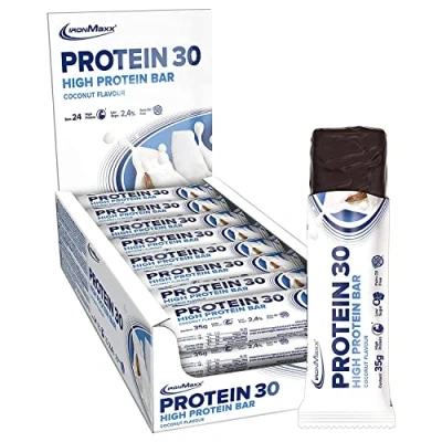Imagen de IronMaxx Proteína 30 barrita proteica Coco 24 x 35g sin aceite de palma y gluten con vitaminas adecuado para una alimentación baja en azúcar carbohidratos