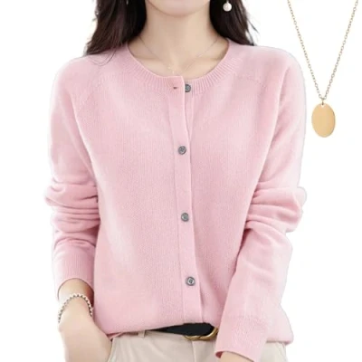 Imagen de Women&#039;s Cashmere Cardigan Sweater, Button Front Long Sleeve Crewneck Knit Sweater (XL,Pink)