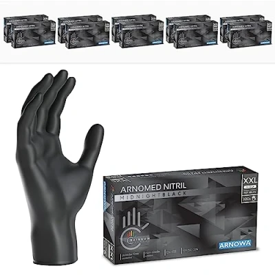 Imagen de ARNOMED guantes nitrilo negro talla XXL, de nitrilo, 10 cajas (1000 uds), negros sin polvo y látex, desechables, mecanico XS, S, M, L, XL, XXL
