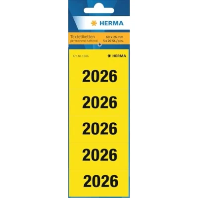 Imagen de HERMA 1686 Pegatinas de números anuales 2026 para carpetas, 100 unidades, 60 x 26 mm, 5 por hoja, autoadhesivas, opacas, etiquetas texto, mate, papel adhesivo, amarillo