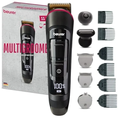 Imagen de Beurer MN9X Multigroomer, para recortar y afeitar todo el cuerpo, 11 accesorios de acero inoxidable (cortabarbas, cortapelos corporal, orejas nariz), resistente al agua, con batería