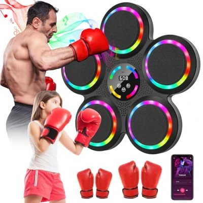 Imagen de Music Boxing Machine Adulto, LED Máquina de Boxeo Musical con 2 Guantes, 9 Velocidades, Modos Entrenamiento, Pared Bluetooth y Recuento Inteligente Luces al Ritmo la Música
