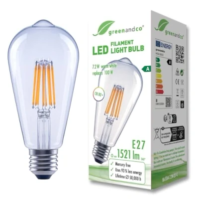 Imagen de greenandco bombilla de filamento LED transparente E27 ST64 7,2W 1521lm sustituye A 100W 3000K blanco cálido 320 230V sin parpadeo clase energética no regulable