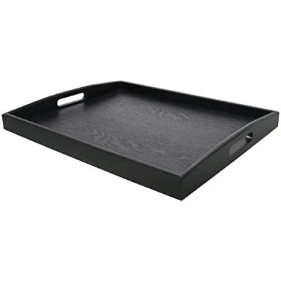 Imagen de Bandeja Grande Rectangular de Madera con Mango Negra (40 x 28 cm)