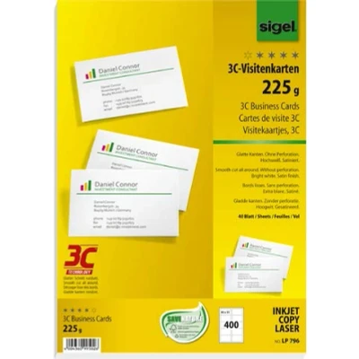 Imagen de Sigel Tarjetas de visita (3C, para impresora inyección tinta, láser, fotocopiadora, 225 g/m², 85 x 55 mm, borde liso, 400 unidades), color blanco