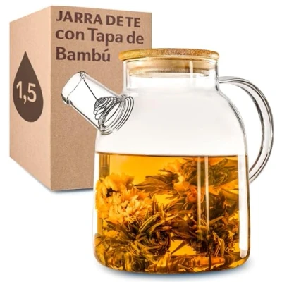 Imagen de Cosumy Jarra de Cristal Con Tapa Bambú 1,5l Filtro en el Caño para Bebidas Frías y Calientes Apta Lavavajillas