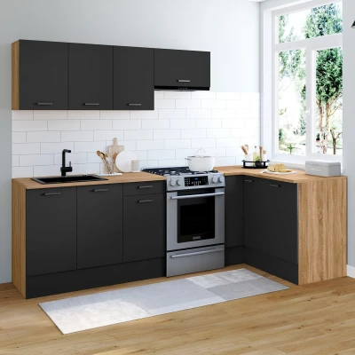 Imagen de Cocina esquinera completa 400 CM SUBTIL con encimera de 7 elementos en madera y negro