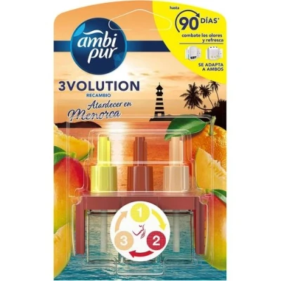 Imagen de AMBIPUR 3Volution Atardecer En Menorca Recambio De Ambientador Eléctrico 20 ml, 3 Aromas Que Se Alternan Para Combatir Los Olores Transparente