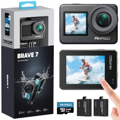Imagen de AKASO Brave 7 Cámara Deportiva 4K con Tarjeta de Memoria microSDXC 256GB Acción 20MP WiFi Camara Acuatica Sumergible Doble Pantalla EIS Control Remoto Voz 2x1350mAh Baterías