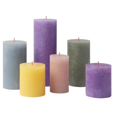 Imagen de Bolsius Juego de 6 Velas rústicas pilar Memphis decorativas para el hogar Tiempo combustión sin perfume Cera vegetal natural aceite palma