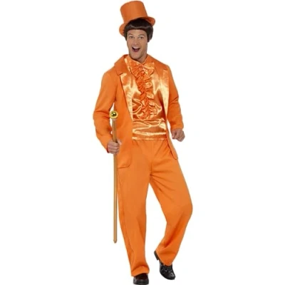 Imagen de Smiffys Esmoquin divertido de los 90, color naranja con chaqueta, pantalones, babero imitación camisa y sombrero