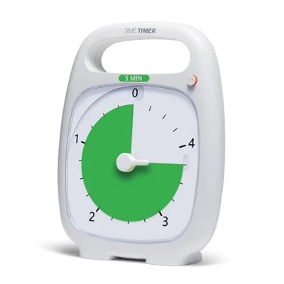Imagen de Time Timer PLUS Temporizador visual analógico de 5 minutos (blanco) Alerta opcional (dial control volumen) Sin tictacs ruidosos; Herramienta gestión del tiempo