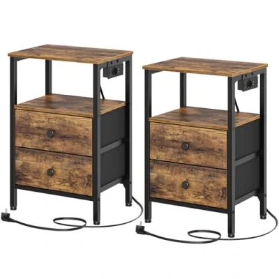 Imagen de YATINEY Mesitas de Noche con Estación Carga, Pack 2, 2 Cajones, Industrial para Espacios Reducidos, Salón, Dormitorio, Oficina, Marrón Vintage y Negro XET02L2CBR