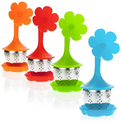 Imagen de COM FOUR® 4x Infusor de té acero inoxidable y silicona Colador con tapa platillo Filtro para los amantes del (04 piezas flor)