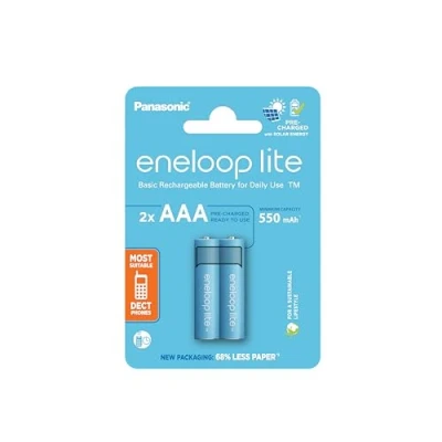 Imagen de eneloop Lite, Pilas Recargables AAA/Micro, Paquete de 2, Capacidad mín. 550 mAh, Ni MH, Listas para Usar, hasta 3000 Veces, Embalaje sin plástico, Azules