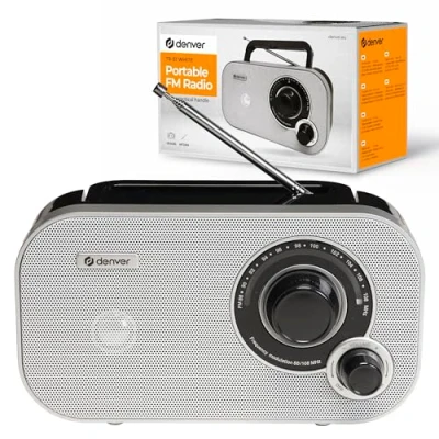 Imagen de Radio Denver TR 51WHITE con sintonización analógica FM. Se Puede Utilizar Corriente o Pilas.