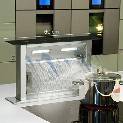 Imagen de KLARSTEIN Royal Flush Downdraft Campana extractora replegable, Extracción 430 m3/h, Acero Inoxidable, Cristal, 4 Niveles, Ancho instalación: 60 cm, 28 kg, Negro