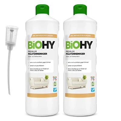 Imagen de BiOHY Limpiador de Tapicerías Premium (2 botellas 1 litro) + Dosificador Concentrado para muebles tapizados, sofás, alfombras y textiles quitamanchas que disuelven el olor (Premium Polster)