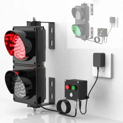 Imagen de QSNYJPL 2 Semáforo Led Rojo/Verde con Visera Solar, Semaforo Industrial de 100mm para Pared, Botón Control, Plug and Play, Señales Trafico Seguridad Montaje