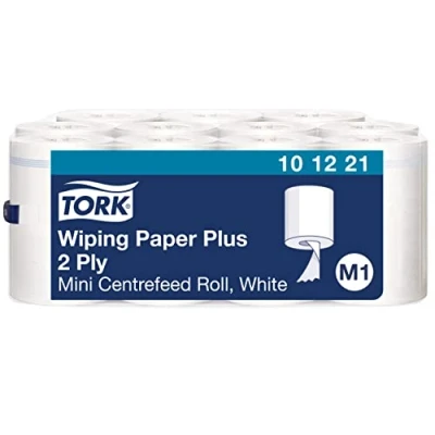 Imagen de Tork 101221 Papel de secado extra M1 / Pañitos limpieza 2 capas compatible con el sistema M1, 11 mini bobinas x paquete, Color Blanco