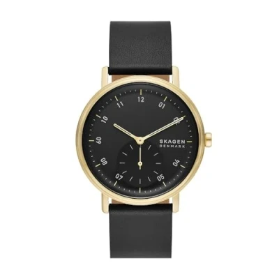 Imagen de Skagen Kuppel reloj para hombre, movimiento cronógrafo de cuarzo con correa acero inoxidable o piel, Negro y tono dorado, 44MM