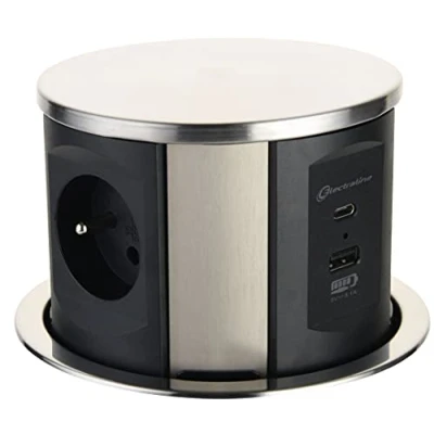 Imagen de Electraline 35446 Regleta de enchufes retráctiles (3 16 A, estándar francés, 2 3,1 1 USB Tipo C, 15,5 W, Enchufe empotrable para Cocina, diámetro 120 mm, m, Negro, Vertical