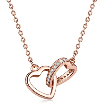 Imagen de Collar colgante de plata ley 925, oro rosa y circonitas cúbicas con corazones entrelazados, Infinite U