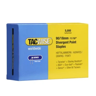 Imagen de Tacwise 0312 Grapas Galvanizadas de Corona Estrecha Tipo 90 / 18 mm, Punta Divergente, Paquete 5000