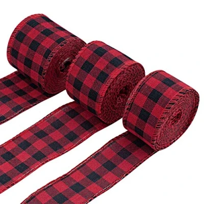 Imagen de WANDIC Cintas navideñas con borde de alambre, 3 rollos cinta negra y roja a cuadros para envolver regalos, lazos florales, manualidades, decoración del árbol Navidad, 6 metros/rollo