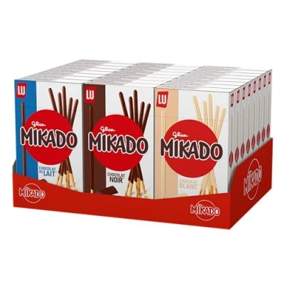 Imagen de Mikado Mix, Caja Variada de Palitos Chocolate con Leche Negro y Blanco, Sabor Intenso Textura Crujiente, 24 Packs (8 Cada Variedad)