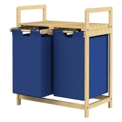 Imagen de ML Design Cesto para la Colada de Bambú Azul Oscuro Caja Ropa Sucia con 2 Compartimentos Recogedor Bolsas Extensibles 60 L Cubo Estante Clasificador el Cuarto Baño