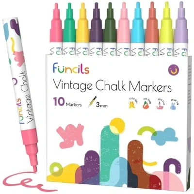 Imagen de Funcils Vintage Liquid Chalk Markers for Chalkboard Signs, Blackboard, Window, Labels, Bistro, Glass, Car (10 Pack, 3mm) Wet Wipe Erasable Ink Board Markers, Reversible Tip Pens