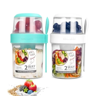 Imagen de SinLaw Portátil Taza de Cereales 310+560 ml, Diseño doble sello,2 en 1 Vasos yogurtera,Puede ser reutilizado,Vaso para Llevar (White+Green（310ml+560ml)