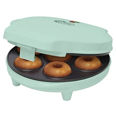Imagen de Bestron donut maker en diseño retro, mini eléctrica para 7 pequeños donuts, incl. semáforo de cocción y revestimiento antiadherente, 700 vatios, color: verde