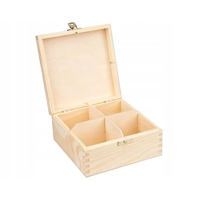 Imagen de Organizador de caja té madera para 4 tipos sabores con divisores pirograbado decoupage artesanal