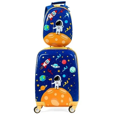 Imagen de COSTWAY Maleta Infantil Niños, Equipaje de Viaje con Mochila, Juego Mochila y Maleta, Ruedas, Cabina Trolley