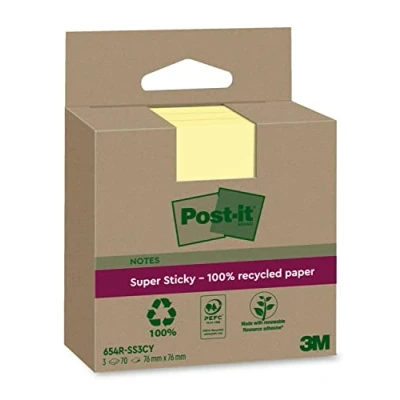 Imagen de Post it Super Sticky Notas Recicladas, 3 Blocs, 70 Hojas por Bloc, 76 mm x mm, Amarillo Extra Adhesivas Fabricadas con Papel 100% Reciclado