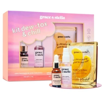 Imagen de grace &amp; stella Set Mujer Regalo de San Valentín Dew Tox Chill Con Parches Ojos Dorados, Sérum Facial Ácido Hialurónico y Agua Rosas, Estuche para Mamá, Despedidas Soltera, Adolescentes