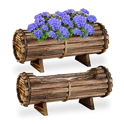 Imagen de Relaxdays 2 Cajas Pack Macetas de Madera, Tiestos para Flores, Forma Barril, 18 x 40 14 cm, con Forro Plástico, Marrón