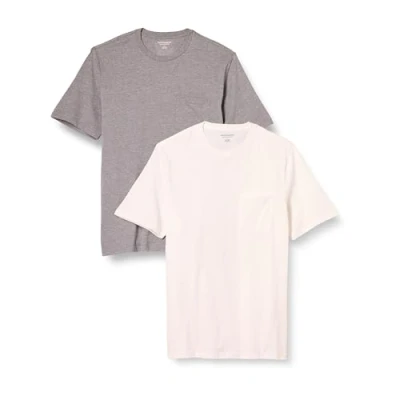 Imagen de Amazon Essentials Camiseta de Manga Corta con Bolsillo, Cuello Redondo y Corte Recto Hombre, Pack 2, Blanco/Gris Mezcla, M