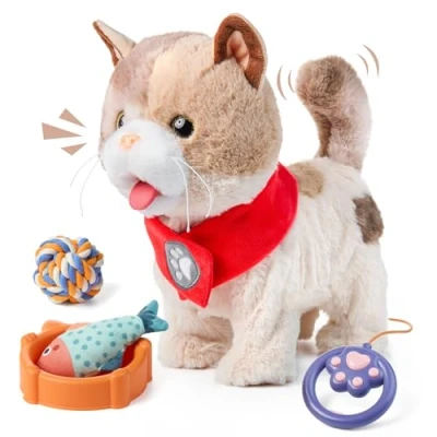 Imagen de TUMAMA Interactivo Electrónica Gato de Felpa Juguete para Niños,Realista Caminando Que Camina, Maúlla, Saca la Lengua y Mueve Cola, Gatito Mascota con Correa